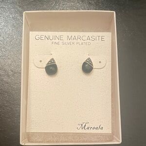 Marsala genuine marcasite silver plated black stud earrings.  New